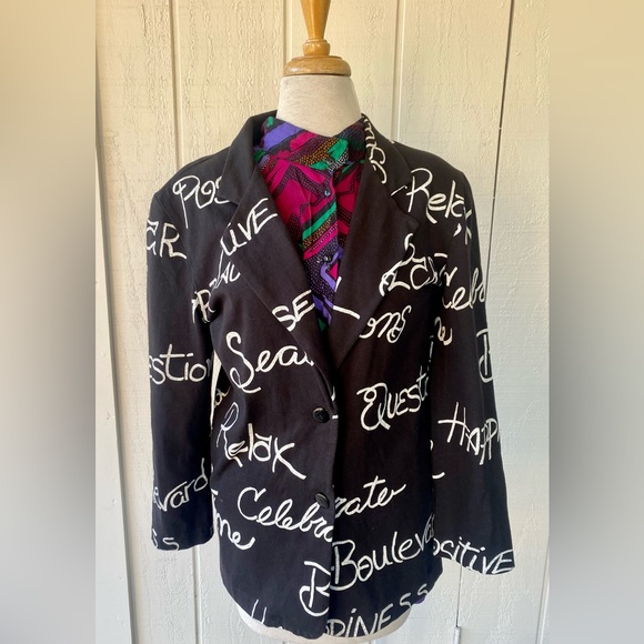 Vtg Styles To Go Black White Script Cotton Knit Blazer M Sz 6 Relax Geo 80s 90s - Picture 2 of 6